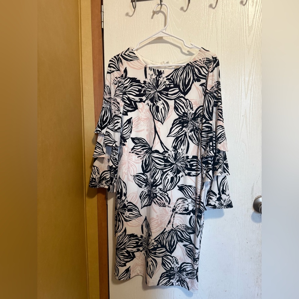 Calvin Klein Black and White Floral Long Sleeve Dress